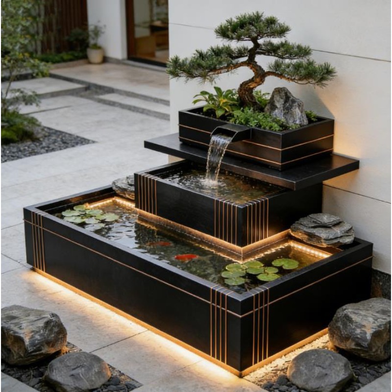 Bonsai Garden With Koi Pond - Roestvrijstalen waterval - Luxe buitenkoivijver met